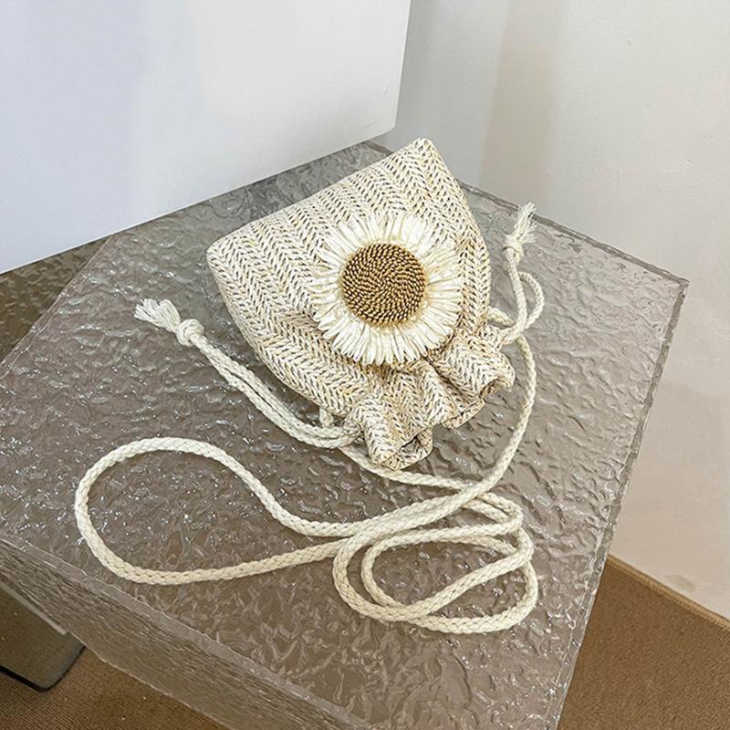 Słomkowe torby plażowe ze sznurkiem, torby z haftem kwiatowym, damskie plażowe torby typu bucket crossbody do podróży