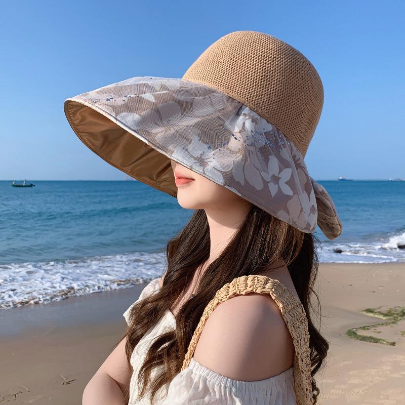 Hat Women's Colored Glue Sun Protection Sun Hat Temperament Bow Lace Yarn Bucket Hat Mesh Breathable Sun Hat
