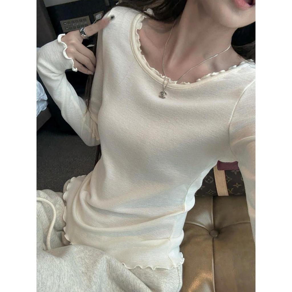 Superniniyy White Tea High-Quality Thickened Lace Collar Base Layer Top
