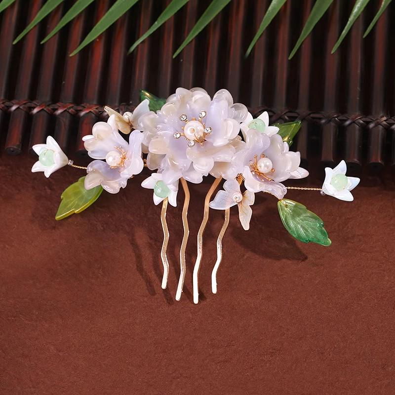 Damen Perlenblume Hanfu Haarnadel Kamm – Antiker Stil Hochsteckfrisur Accessoires