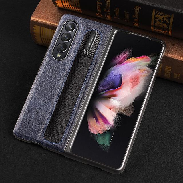 Fashion Leather Lychee Pattern Pencil Pen Slot Case For Samsung Galaxy Z Fold 3 Pc Cover Anti -Knock Luxury Cases For Fold3 F9260