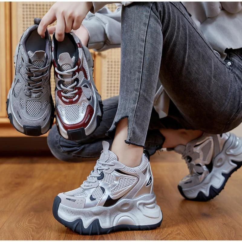 Fashion 12cm Air Mesh Microfiber Synthetic Chunky Sneakers Spring Shoes Leather Ankle Booties Women Vulcanize Boots Autumn