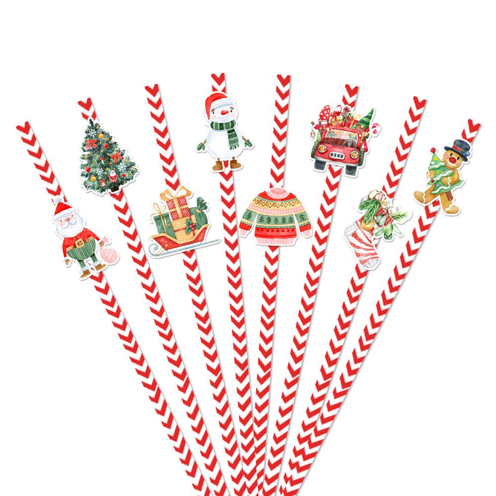 Theme Christmas Table Decor Disposable Paper Straws Set With Santa Pattern Claus