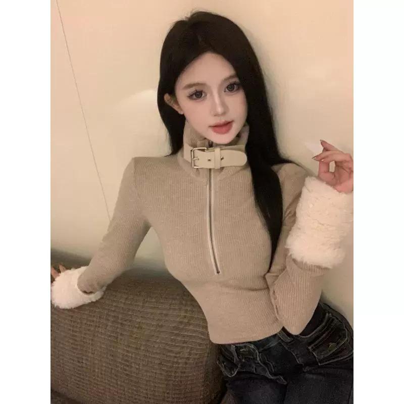 Стильный топ с пэчворком  Острая Девушка  - Женская базовая футболка на осень/зиму от Meilade Small хаки