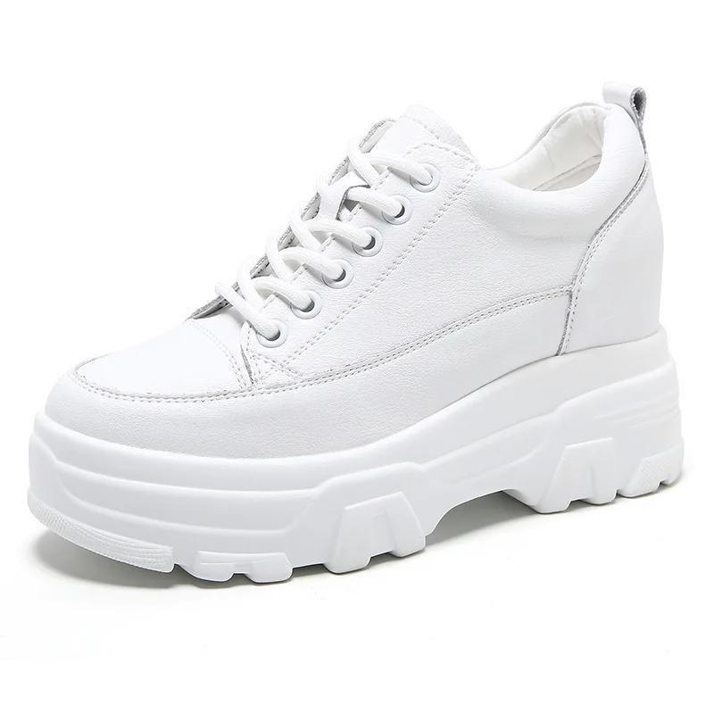 8cm Leather Microfiber Women Casual Shoes Platform Wedge Hidden Heel Summer Shoes Platform Chunky Sneakeers Fashion White