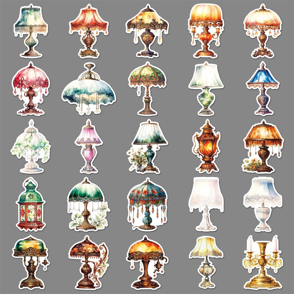 Retro Desk Lamp Stickers - 50pcs Cartoon Creative Waterproof DIY Wall, Glass, and Journal Decoration Stationery.