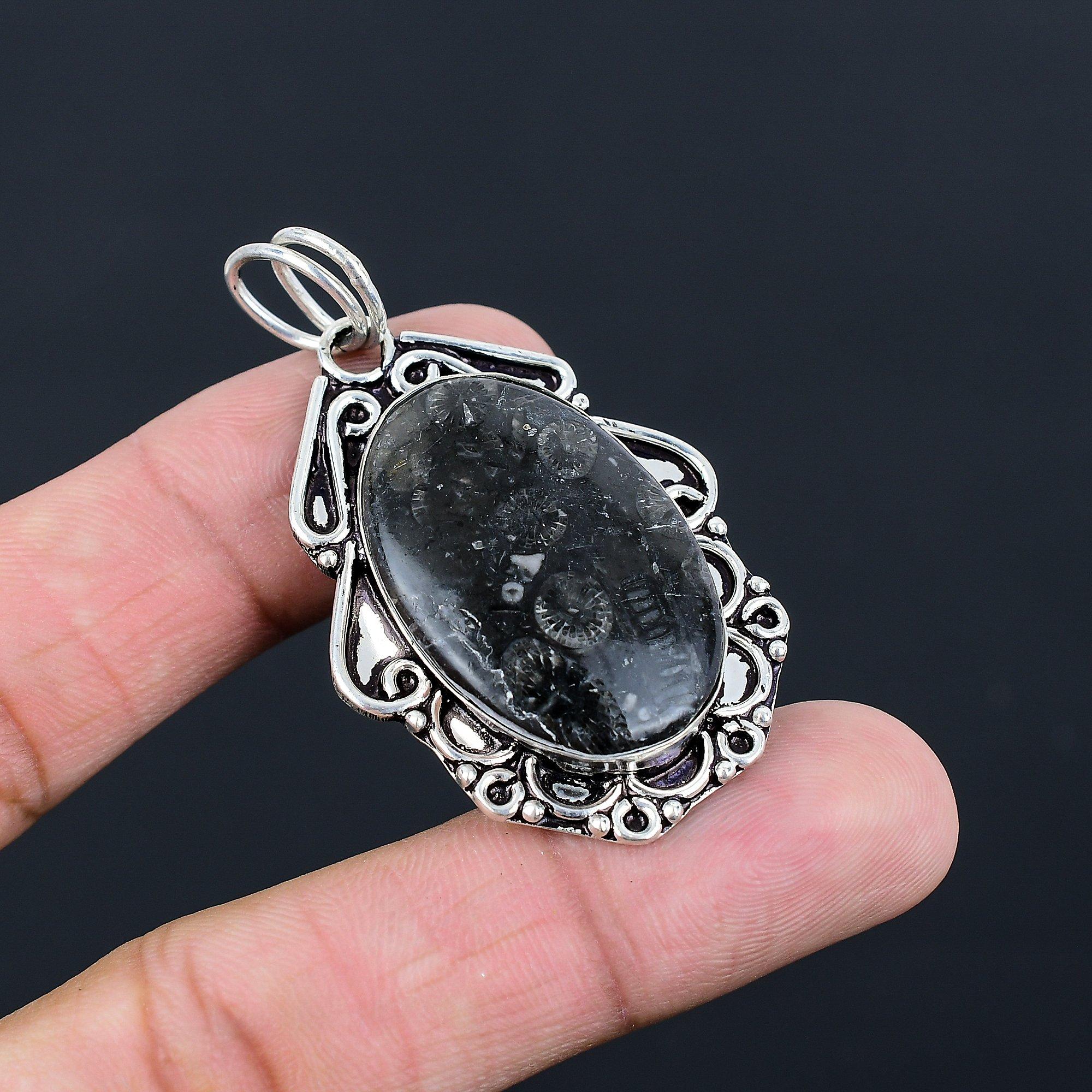 

Daughters Day Sale Black Fossil Coral Stone Bezel New Pendant Jewelry 925 Silver