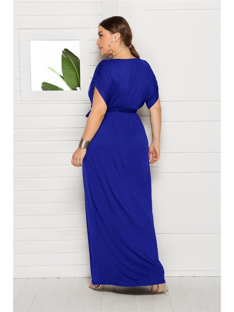 Plus Size Women’s Solid V-Neck Evening Dress, Sexy Loose Fit with Large Hem