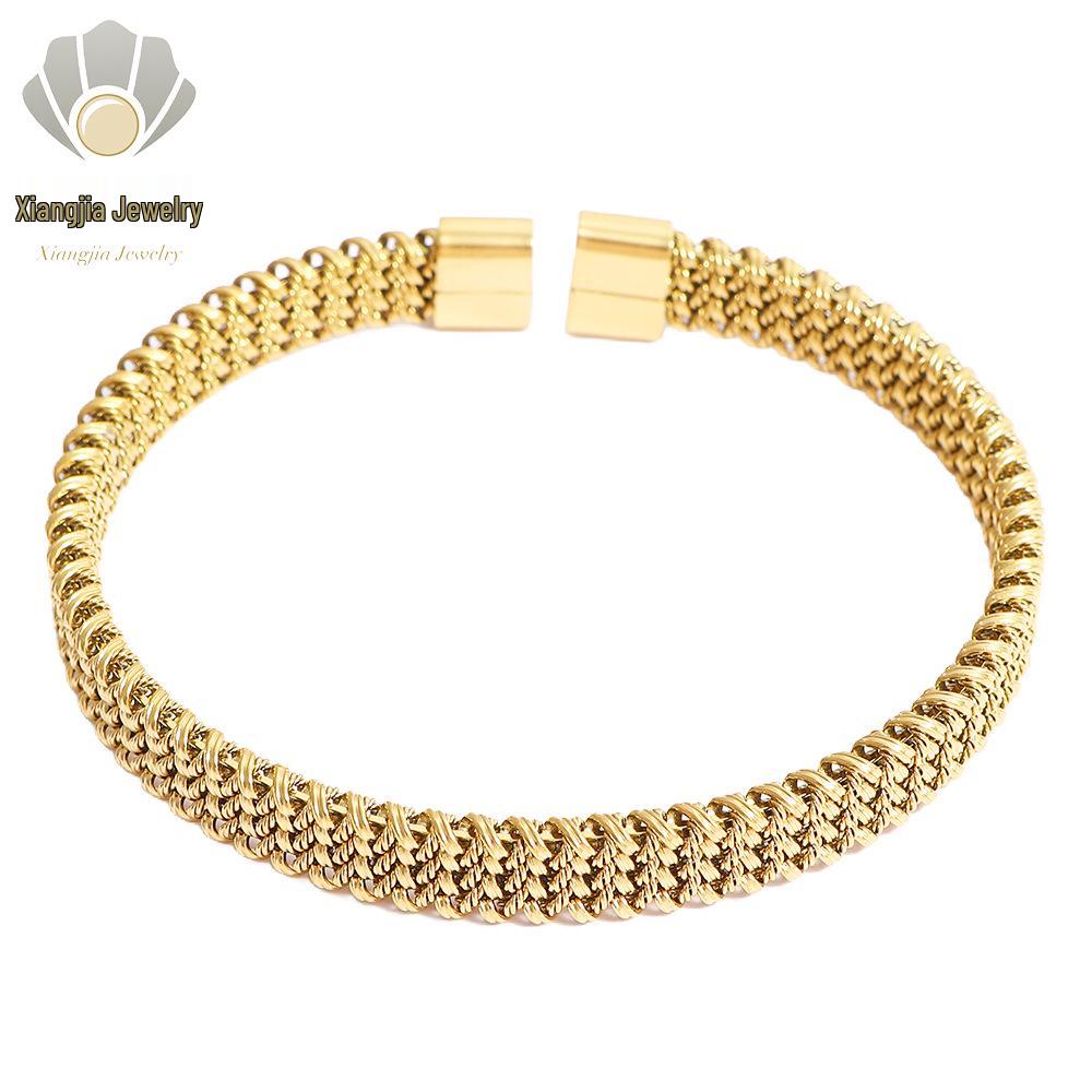 European & American Luxury Woven Titanium Steel Bangle with Gold Electroplating - Simple Fashion Open Design