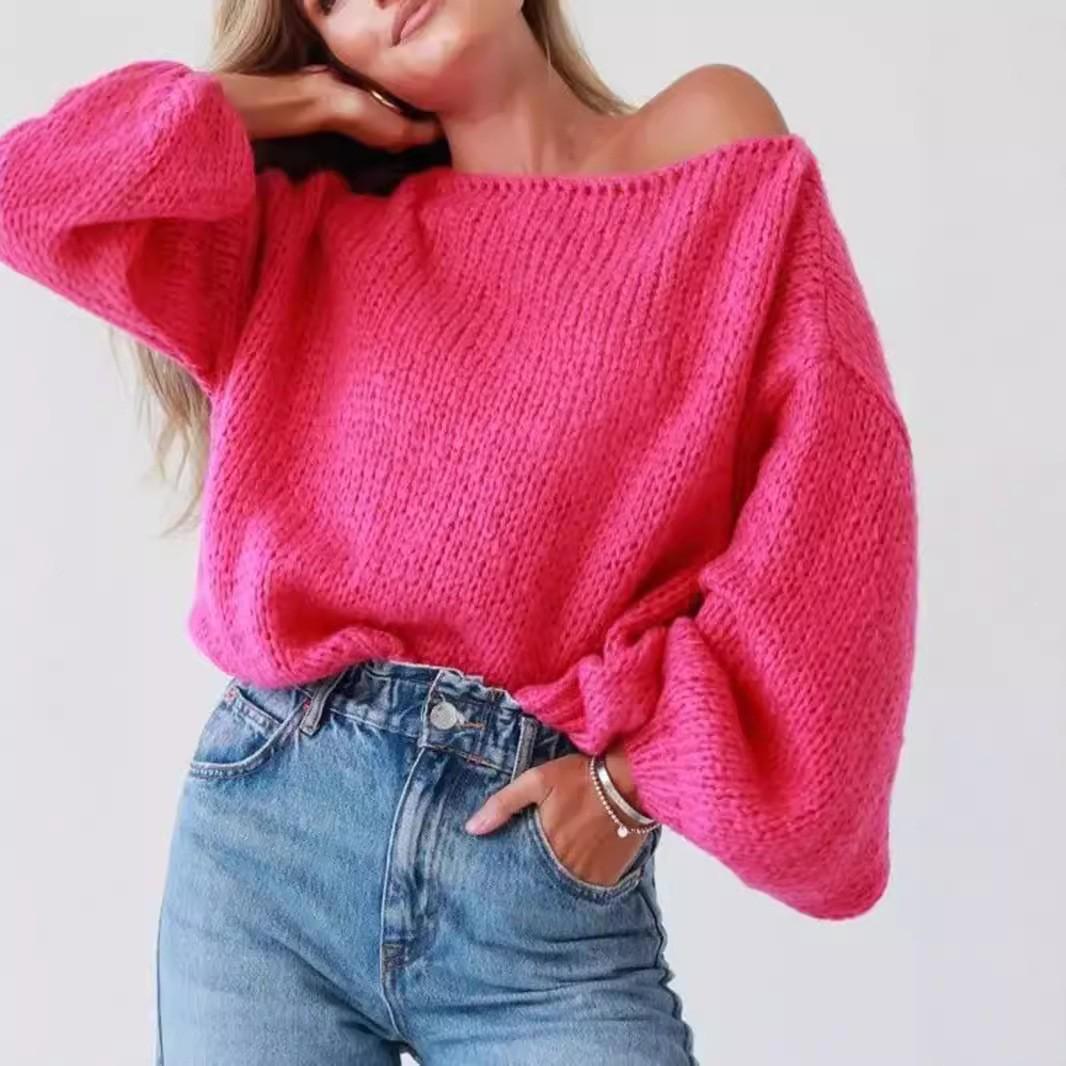 Женские свитера оверсайз, осенние наряды, повседневные, модные, с круглым вырезом, вязаные в рубчик, пуловеры, топы для женщин, пушистый пуловер с длинным рукавом, джемпер свободного кроя One size розы красного