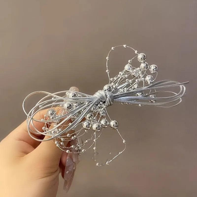 Korean Silver Color Ball Chain Hair Claw Bow Duckbill Clip Shark Clip Elegant Headpiece Hair Accessories for Women Girls