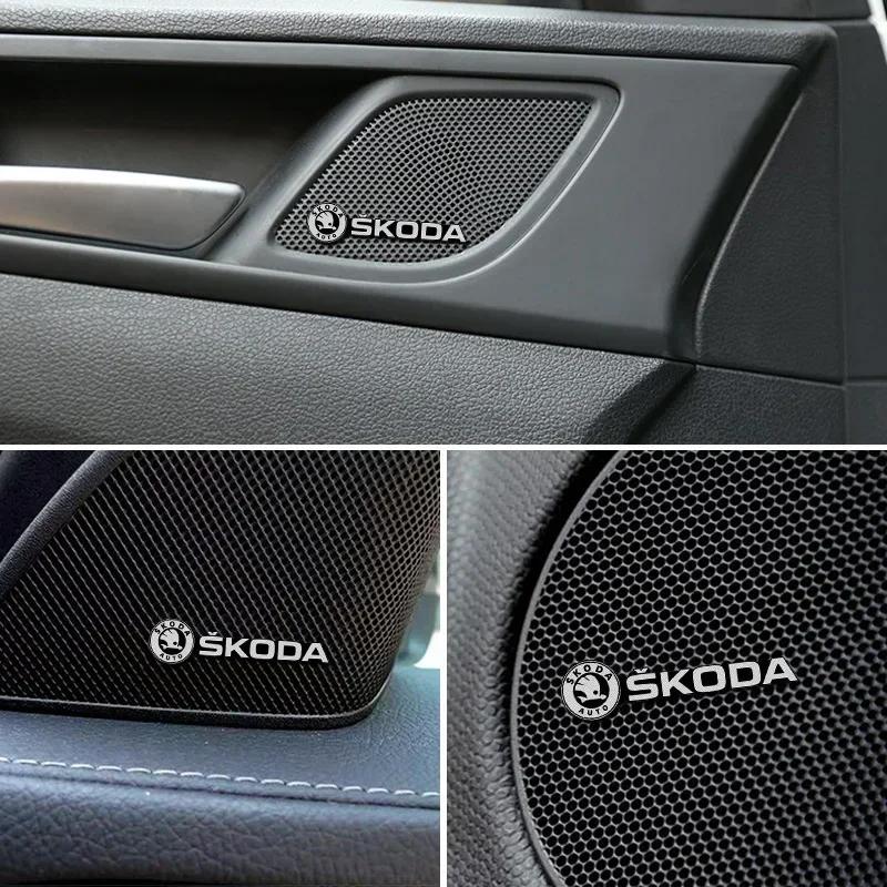 FGD3 4pcs for Skoda Logo Fabia Superb Kamiq Kodiak Yeti Octavia Karoq RS Car Inner Speaker Decals Audio Sound Badge Stereo Sticker