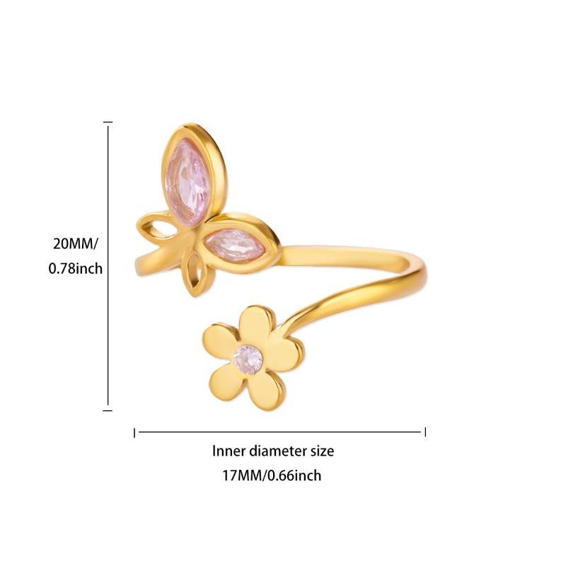 

Spring and summer new rainbow zircon flower butterfly ring women s gold titanium steel open ring jewelry рожевий