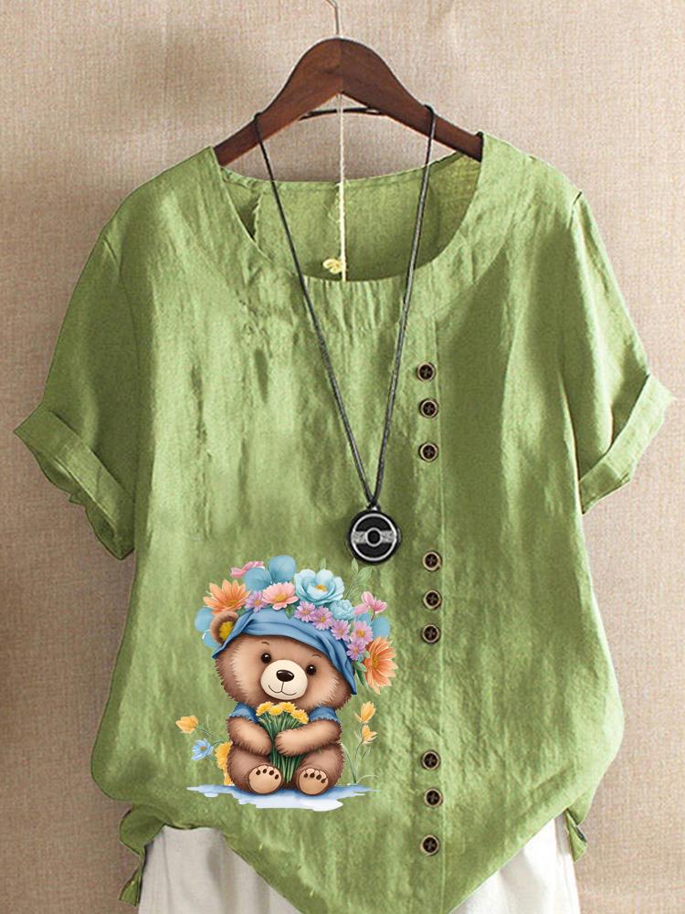 

Women s Fashion Cute Floral Bear Print Printing Shot Sleeve T-shirt Loose Cotton Shirt Casual Loose Summer Plus Size Blouse Tops 5XL зелений