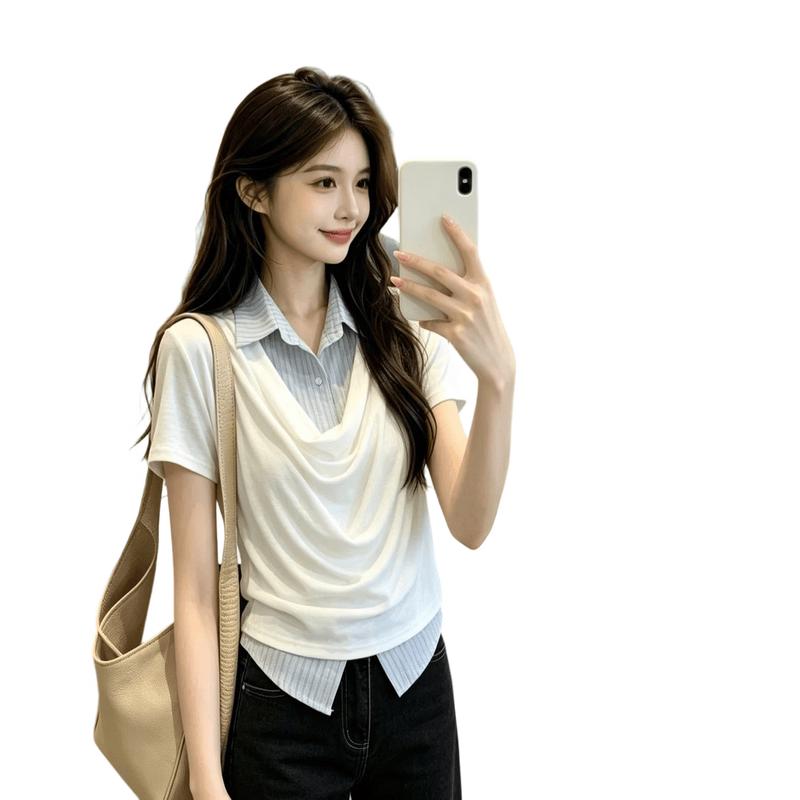 La Chapelle Women s Striped Lapel T-shirt M