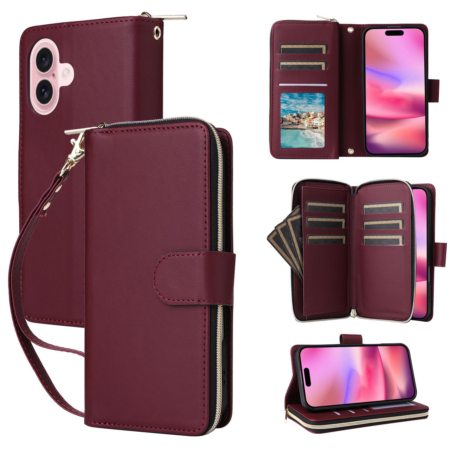 

For iPhone 17 Case 9 Card Slots Zipper Pocket PU Leather Cover with Wrist Strap Wine Red