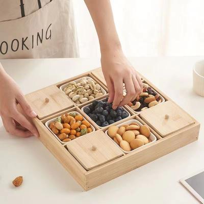 Wooden Tray Fruit Snack Plate Living Room Grid Dry Fruit Plate Home New Year Candy Dish Dried Fruit Snack Trays Storage Box