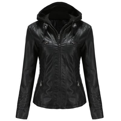 Women's Removable Hooded Faux Leather Jacket Motocross Racer Biker Double Zip Slim PU Motorcycle Short Moto Coat Classic Bomber Outerwear S-4XL