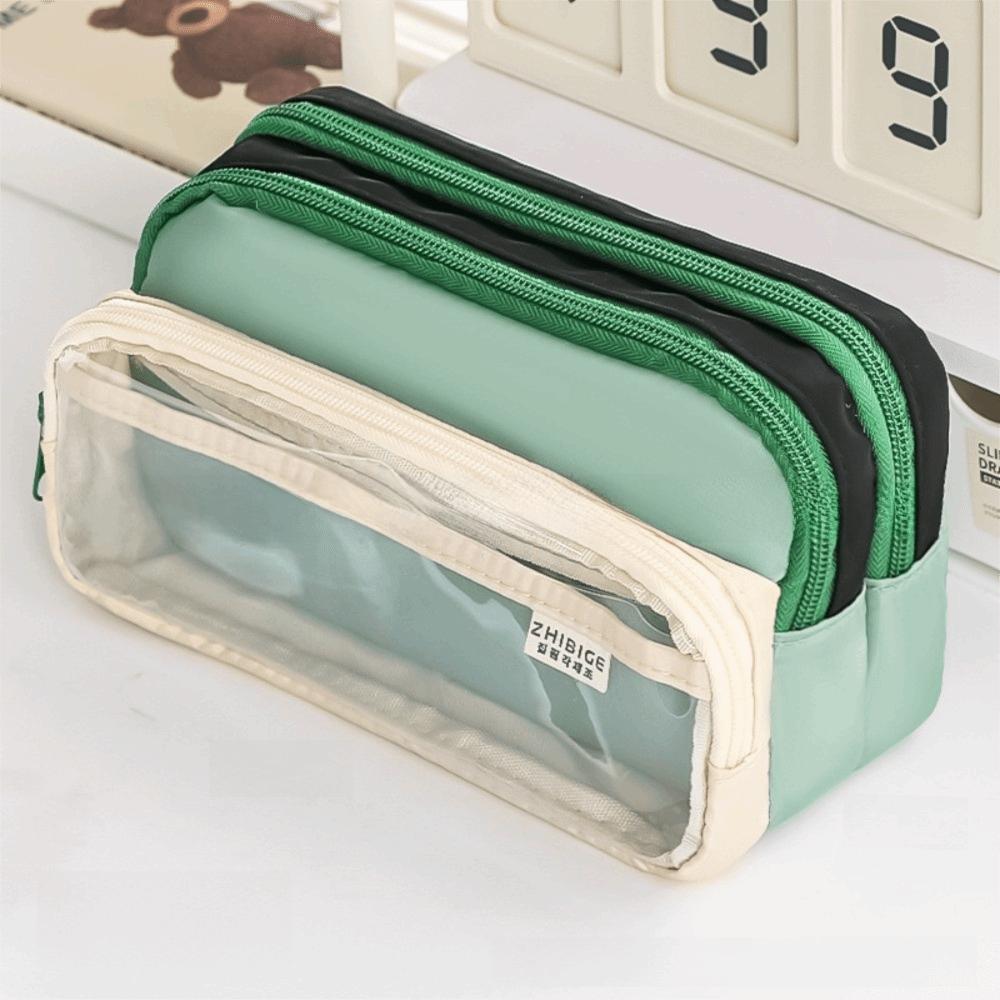 

Цветной пенал с прозрачным карманом, многослойный пенал, новый пенал, для девочки зелёный