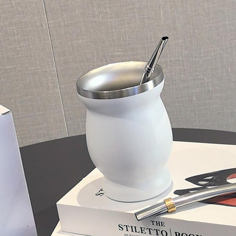 1 Set Yerba Mate Cup 304 Stainless Steel Double Wall 8oz Yerba Mate Gourd Cup With Straw Spoon And Cleaning Brush Teaware Sets