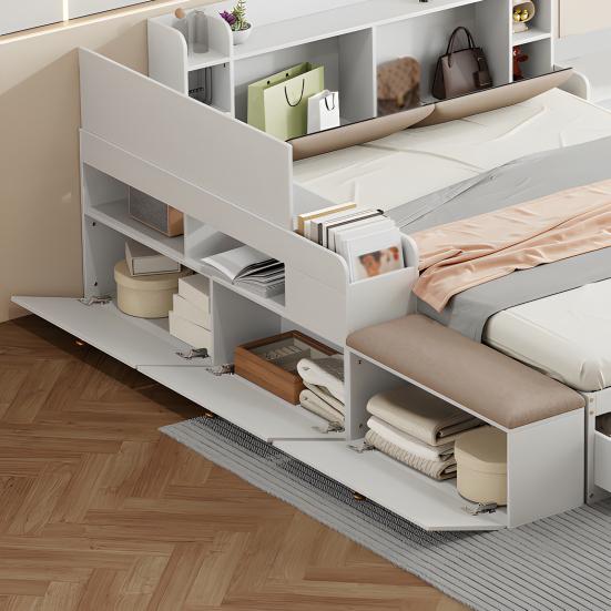 140 X 200cm Storage Bed with Drawers Headboard Built-in Storage Compartment Bedside Table Sofa Bench Strong Wood Slat Support Bed Home Furniture