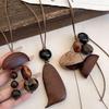 Wood chips irregular round square pendant necklace retro ethnic style collarbone chain design sense sweater chain women