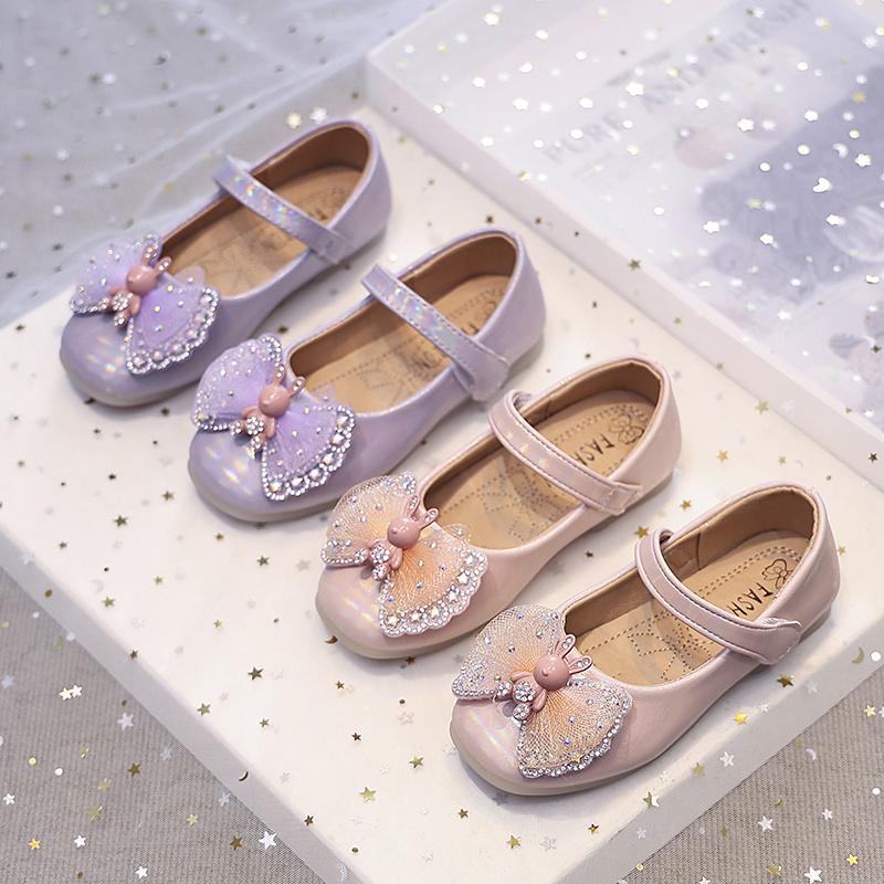 Girls Leather Shoes for Party Wedding Fashion Children Rhinestone Performance Shoes with Bow-knot Kids Cartoon Princess Shoes