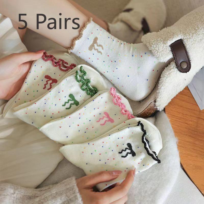 

5 пар осенних носков, женские носки до середины икры с мультяшным медведем, спортивные и повседневные носки в горошек из марли для женщин 5 pairs