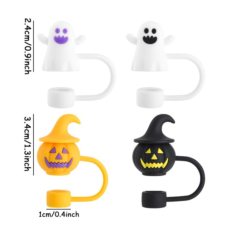 

5Pcs Halloween Silicone Straw Cap Party Straw Decoration Dust Cap 8-10mm Cartoon Pumpkin Ghost Shaped Straw Accessory