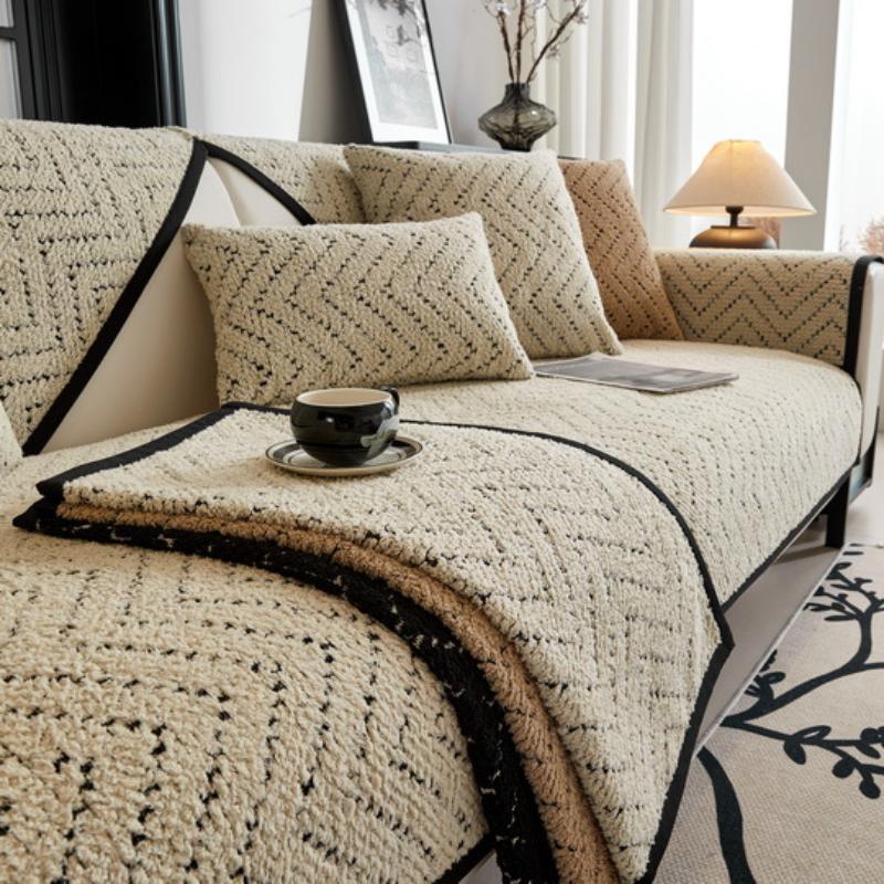 Simple Ripple Plush Sofa Cushion Home Living Room Decoration Anti Slip Backrest Towel Modern Fashion All Inclusive Quilted Universal Sofa Cover