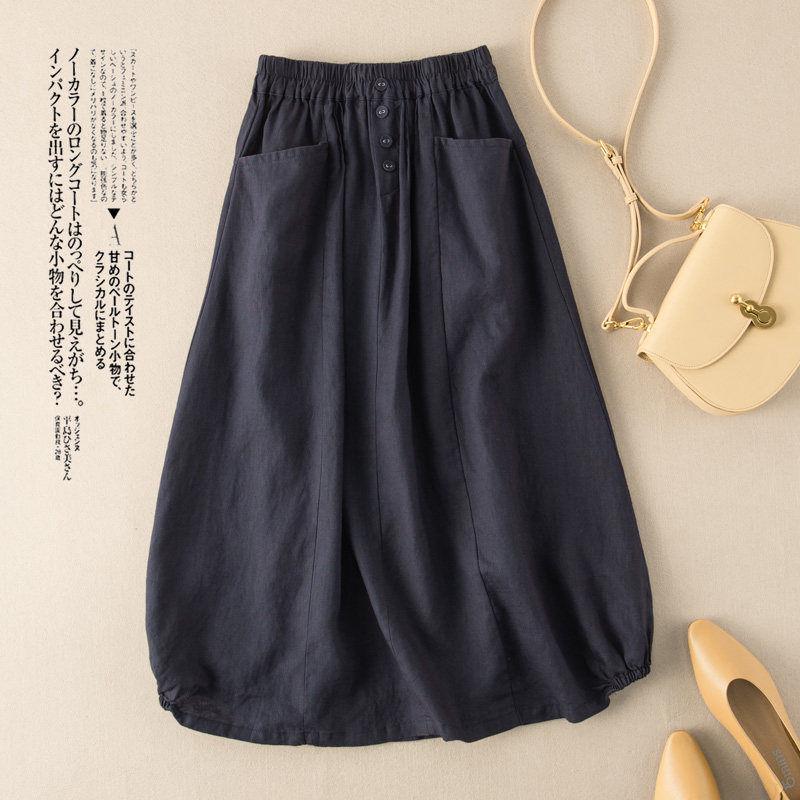 

Plus Size Women s Retro High Waist A-Line Midi Skirt - Imitation Linen, Summer Slimming Style XL темно-синього кольору