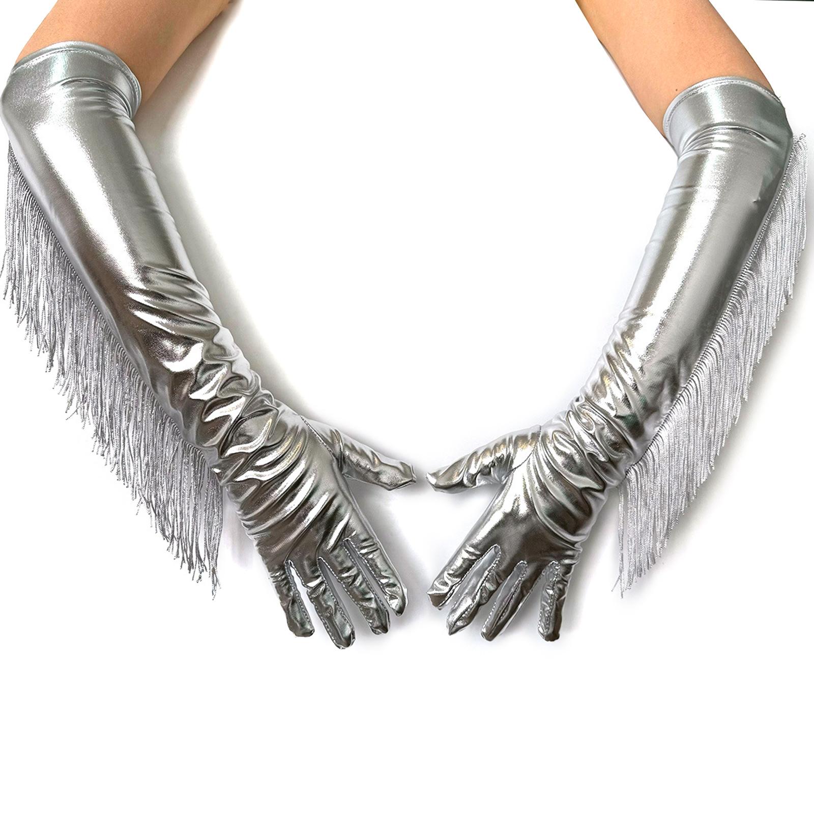 

Блестящие серебряные перчатки с бахромой, идеально подходящие для женских сценических выступлений и коктейльных вечеринок в стиле 1920-х годов.