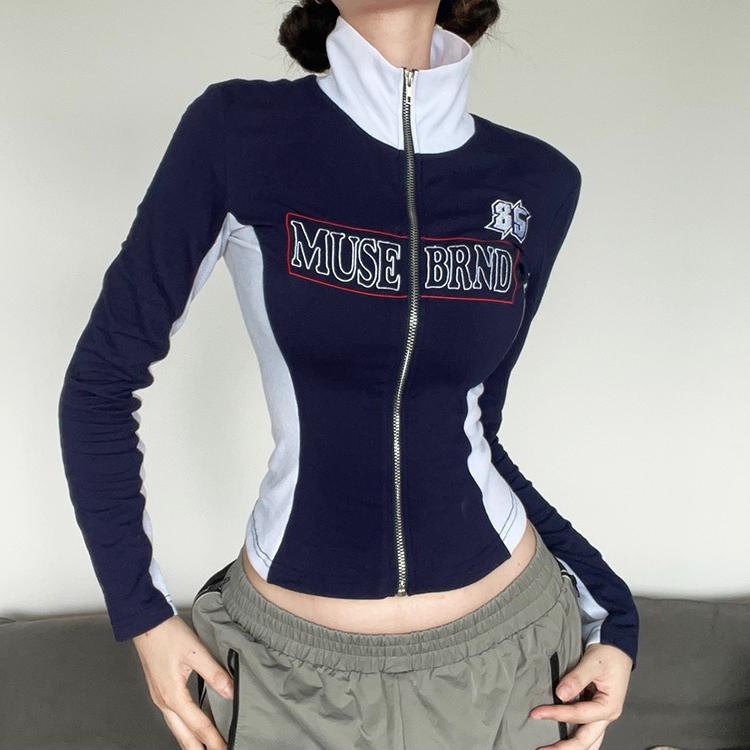 

Американский ретро кэжуал стиль контрастная куртка на молнии с принтом букв для женщин, облегающий универсальный короткий топ для женщин кардиган S