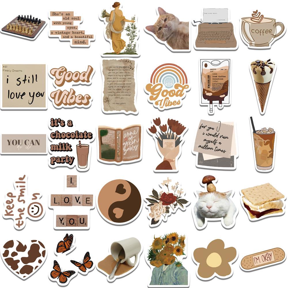 10/30/50pcs Vintage Brown Aesthetic Graffiti Sticker DIY Laptop Stationery Suitcase Guitar Cute Cartoon Decoraction Sticker Pack