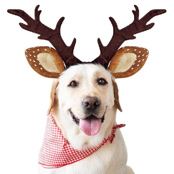 KUDES Dog Cat Christmas Reindeer Antlers Headband Classic Adjustable Elk Hat Headwear Pet Deer Cospaly Costumes Accessories (M(for Small Medium
