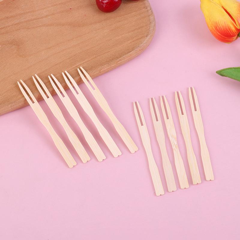80Pcs Disposable Bamboo Fork Two-Tooth Fruit Fork Catering Household Fruit Fork
