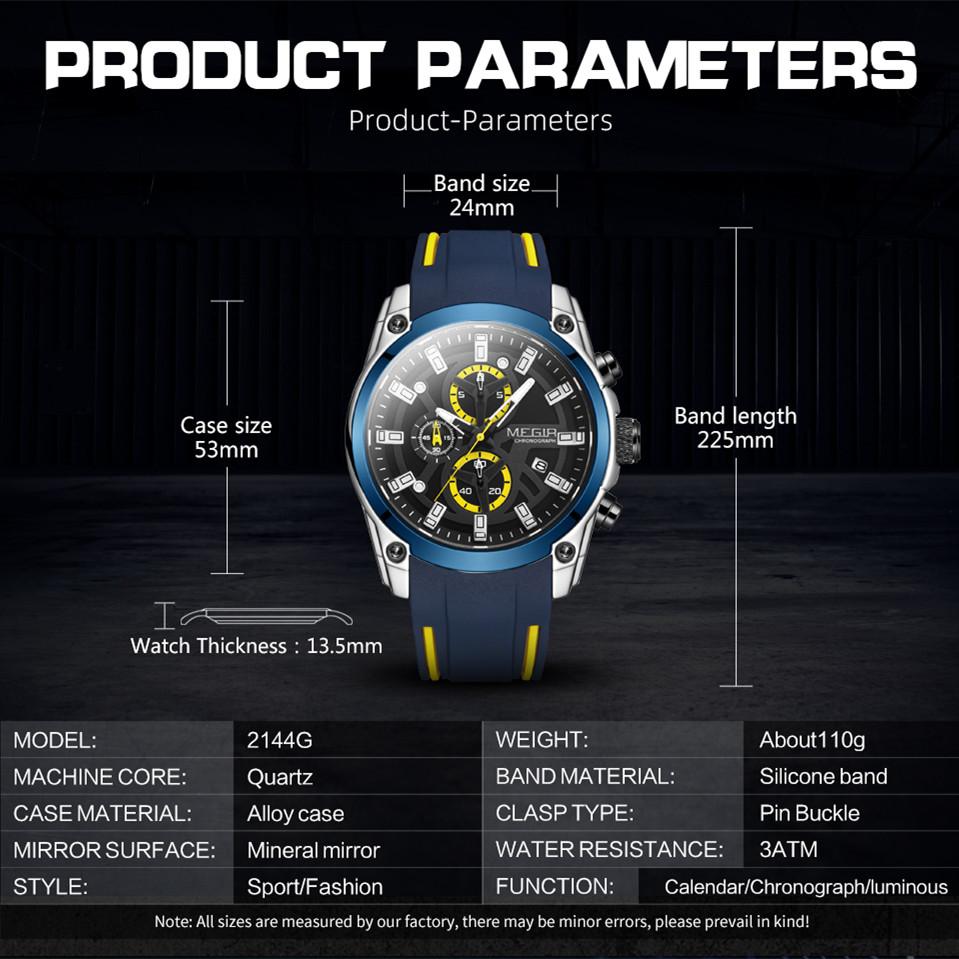 Megir Men's Quartz Watch Luxury Silicone Band 3ATM Water Resistant Business Chronograph Mens Sports WristWatches