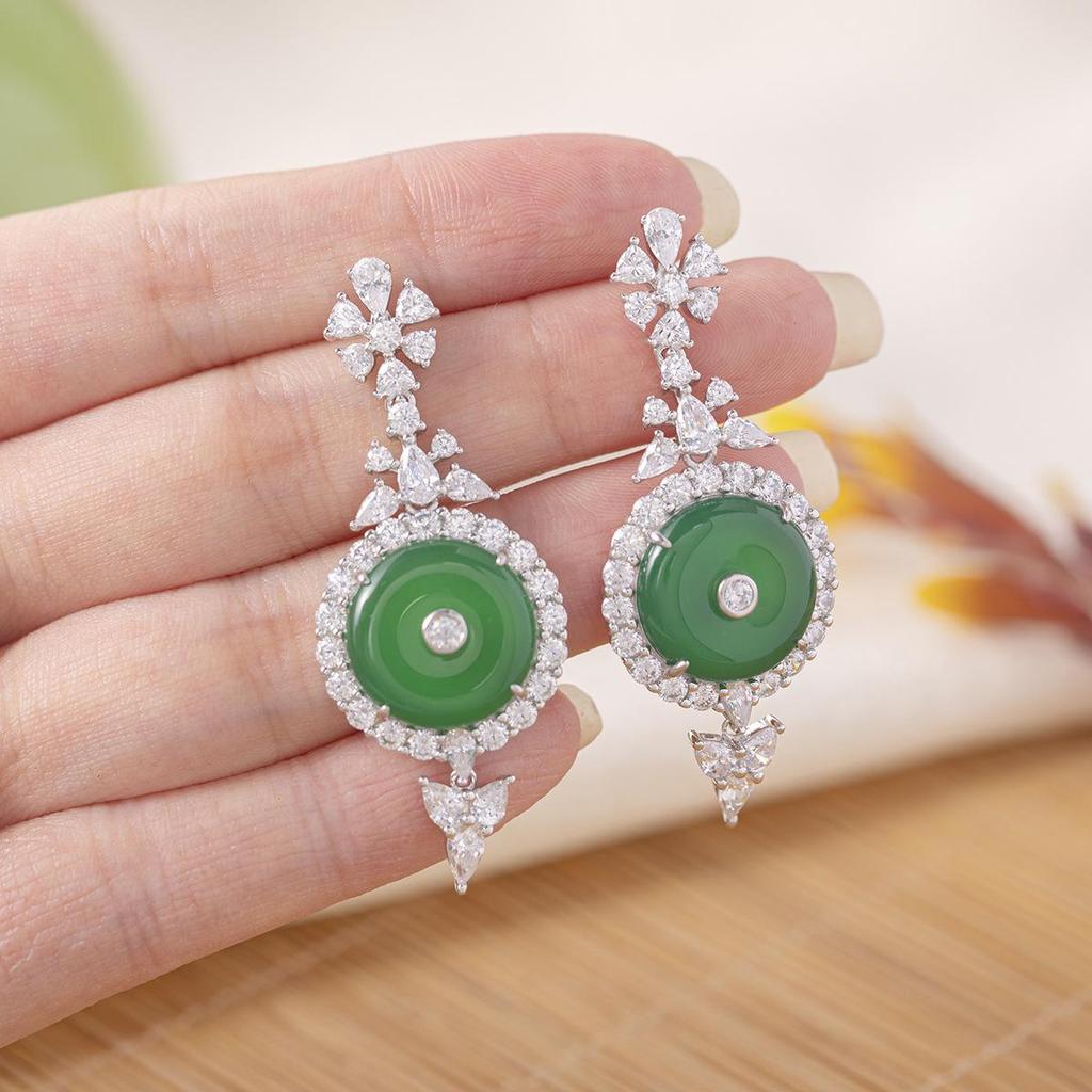 Rui Diamond Jewelry S925 Silver Gold-Plated Green Chalcedony Peace Buckle Earrings - Ideal Gift for Mom