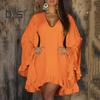 Mini abito da donna a maniche lunghe svasato con scollo a V, tinta unita, orlo irregolare con volant, abito corto casual da vacanza in tinta unita
