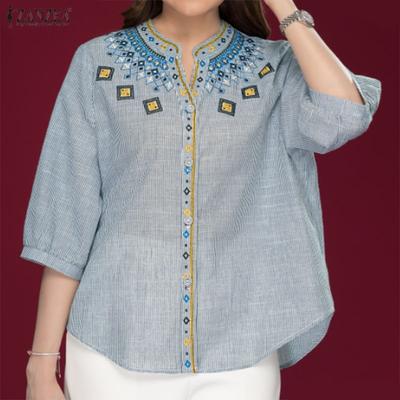 Damen Print Lässige V-Ausschnitt Sommer Locker 3/4 Ärmel Bluse