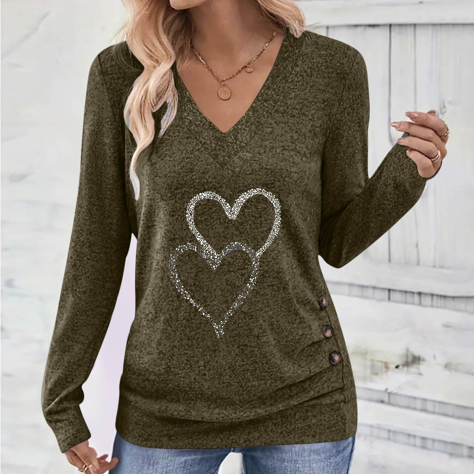 Elegant Valentine s Day Heart Print V-Neck Ruffle Long Sleeve Women s Top - Spring 2026 L армия зеленый
