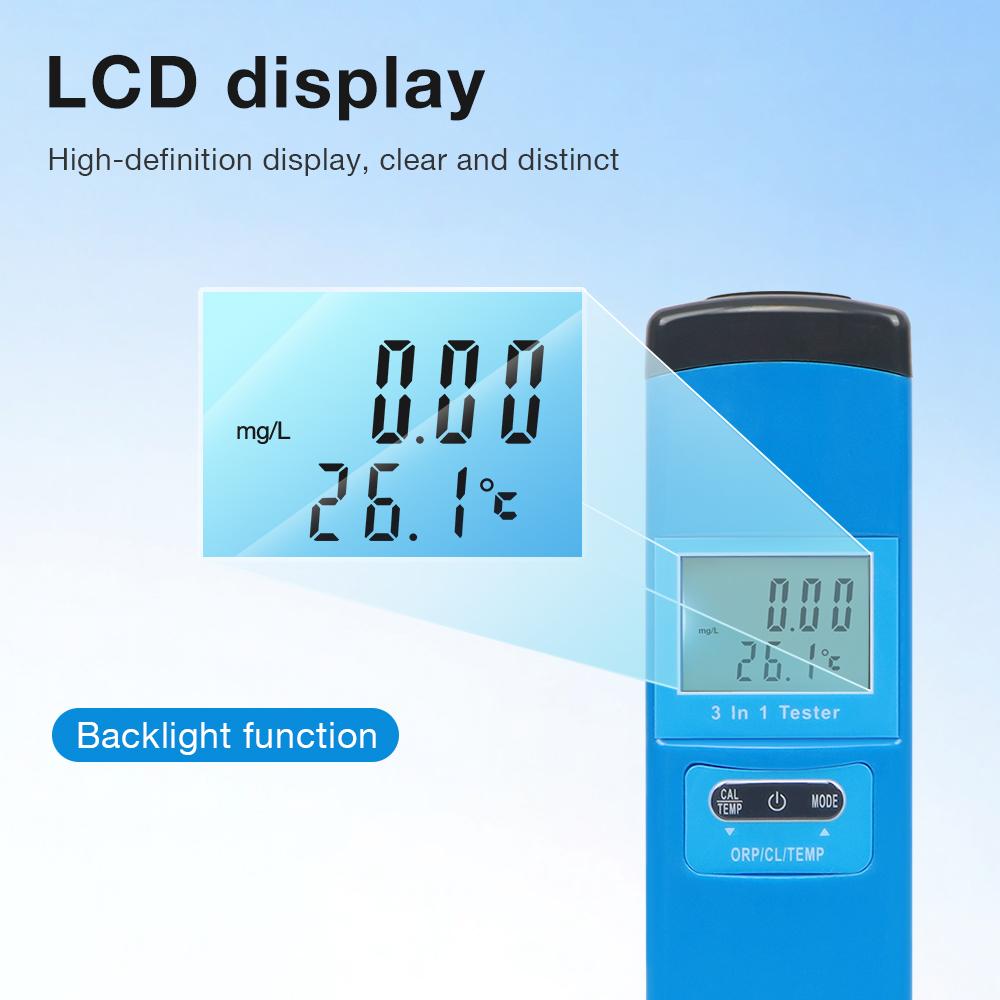 3 in 1 Cl ORP Temp H2 Meter Chlorine Test Dissolved Hydrogen Digital Water Tester for Aquarium Drinking Water Hydroponics Pool