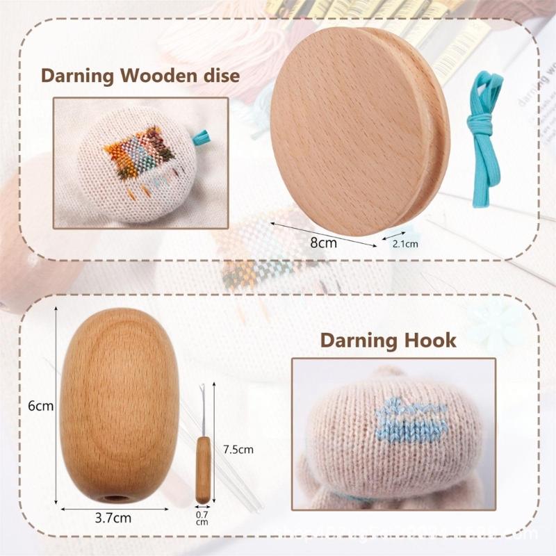 Wood and Stainless Steel Darning Board Set for Professional Clothing Hole Repair Tasks Including Polyester Thread