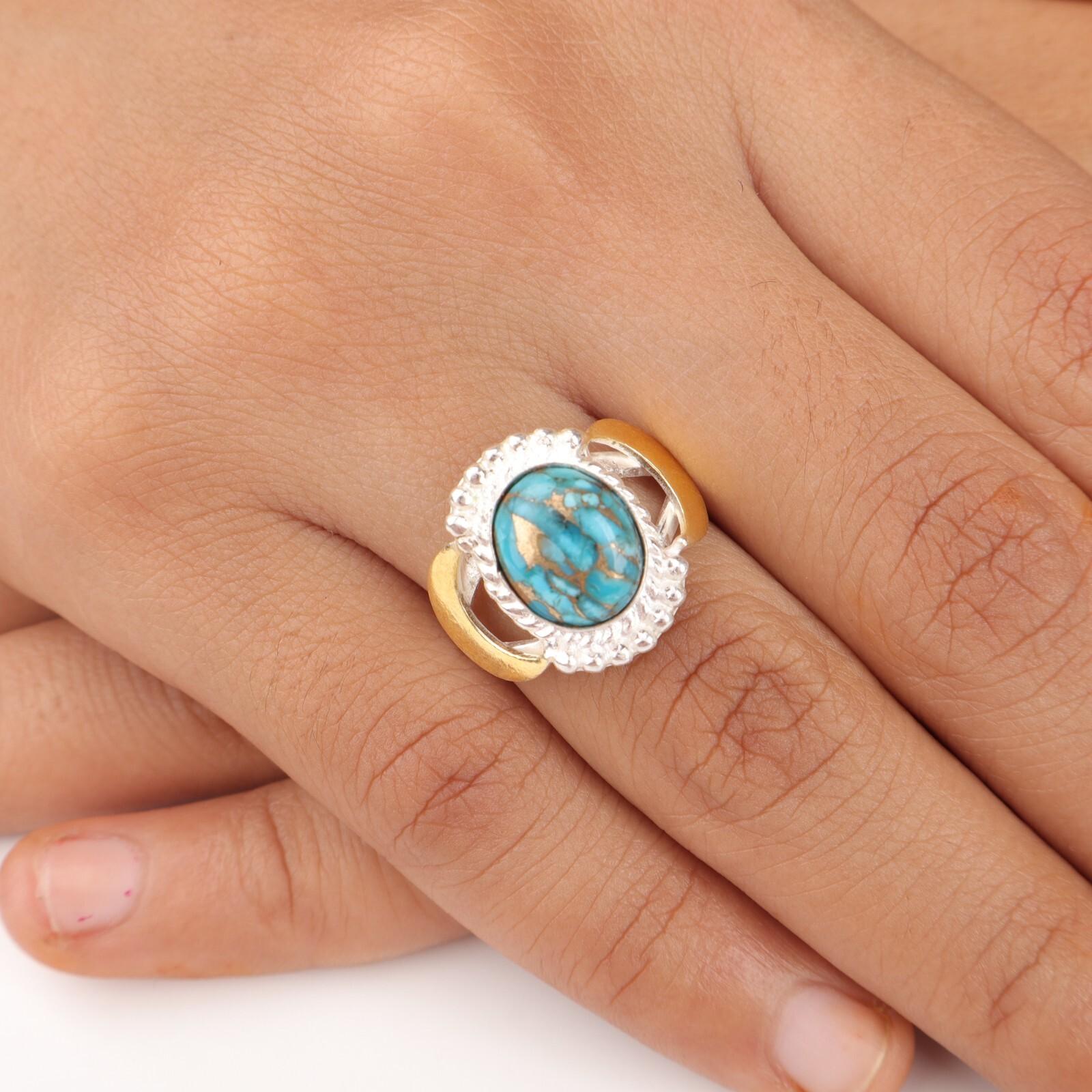 

Натуральный камень бирюза голубая медь 925 стерлинговое серебро ювелирные изделия ручной работы кольцо RR-61-44 13