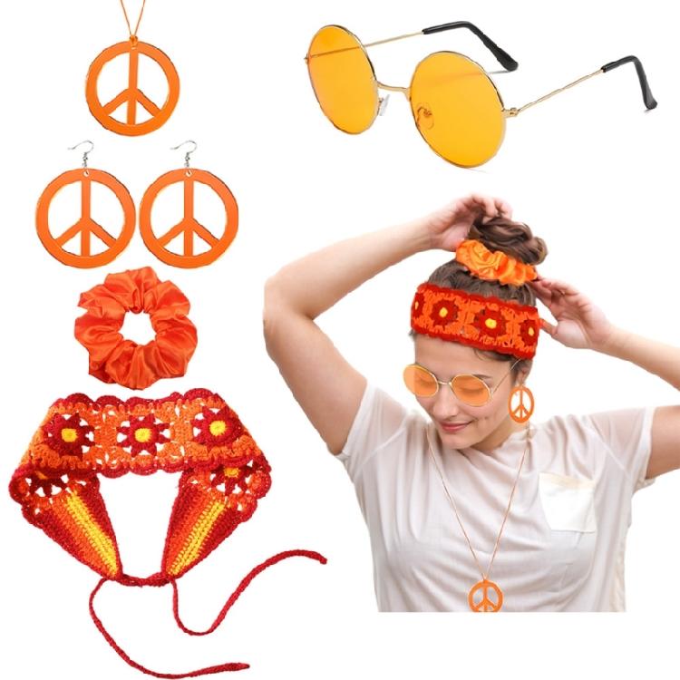 1970s Hippie Costume Jewelry Accessory For 70s 60s Themed Party Hair Band Glasses Knitted Headband Necklace Earrings
