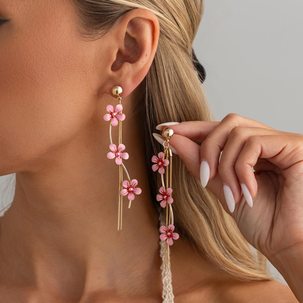 Salircon Sweet Exquisite Pink White Flower Tassel Drop Earrings Women's 2026 New Trendy Wedding Party Accessories Jewelry Gift