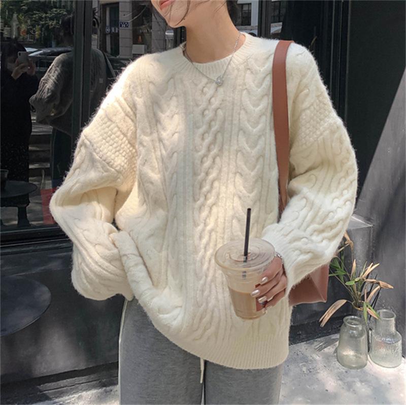 Autumn and winter new retro twist pullover sweater women's loose fashion simple versatile knitted top trendy