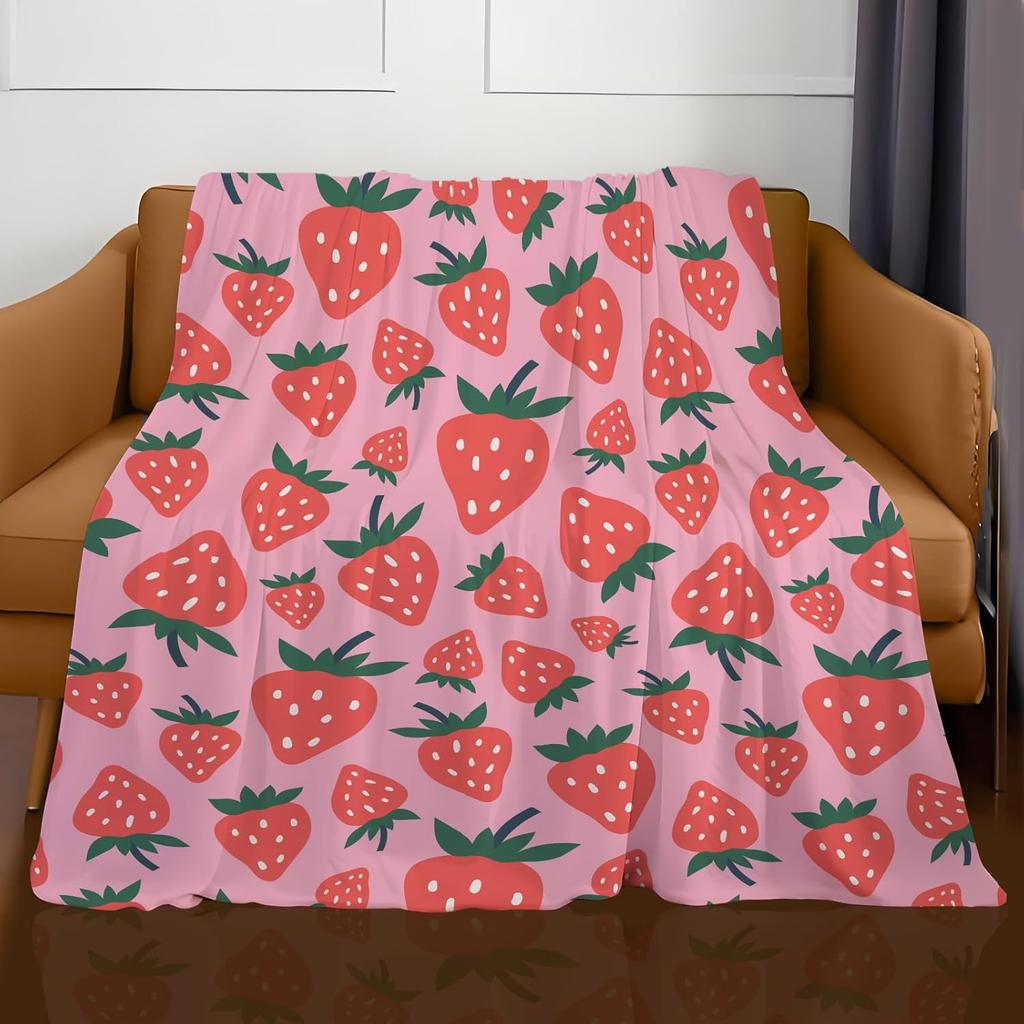 Cute Strawberry Blanket, Plush Soft Warm Flannel Sweet Fruit Throw Blanket for Couch, Travel, Bed, Outdoor, Gift for Teen Adult