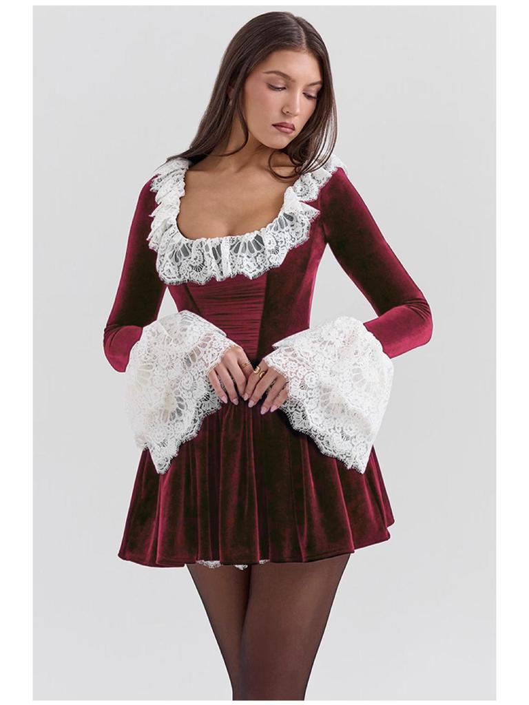 European & American Sexy Slim Lace U-neck Long-sleeve Dress