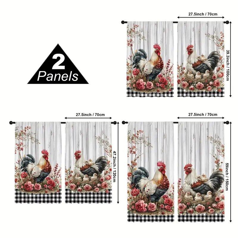 2pcs - Vintage farmhouse floral rooster pattern printed curtains, window decorations, home decorations, room decorations